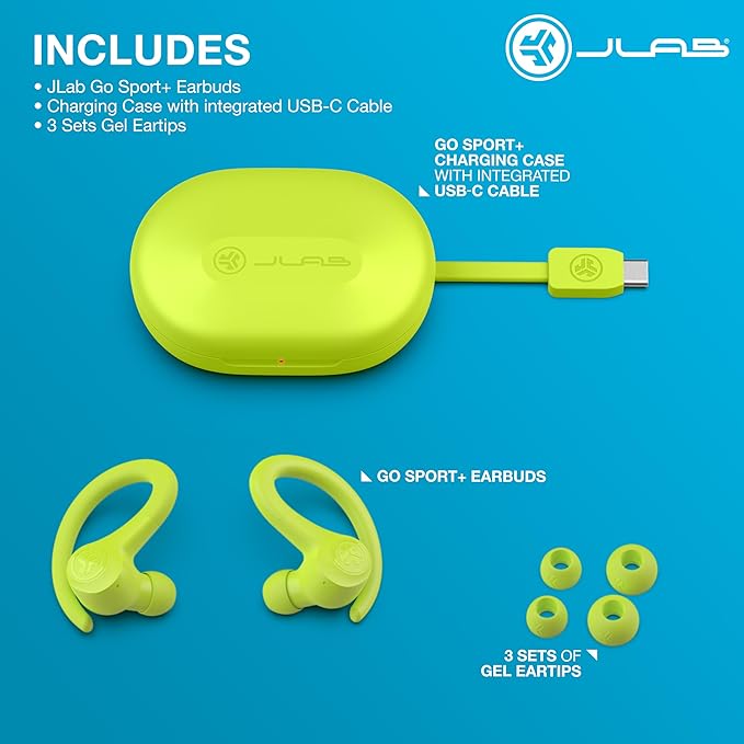 JLab Go Sport+ Wireless Workout Earbuds Featuring C3 Clear Calling, Secure Earhook Sport Design, 35+ Hour Bluetooth Playtime, and 3 EQ Sound Settings (Yellow)