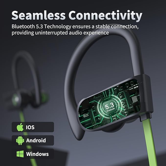 JOYWISE Bluetooth Headphones, Wireless Earbuds IPX7 Waterproof Bluetooth 5.3 Headphones with 16Hrs Playtime Stereo Bass Headsets with Mic Running Headsets with Earhooks for Sports Running Workout