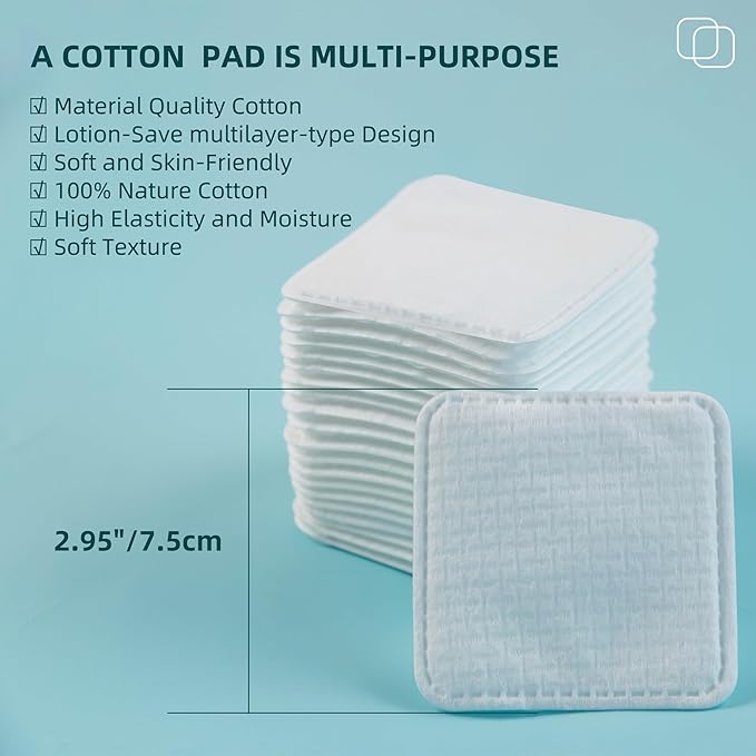 Premium Exfoliating Cotton Pads (60 Count) - 100% Cotton, Extra-Soft and Lint-Free, Durable Squares for Facial, Lip, and Eye Makeup Removal (White A)