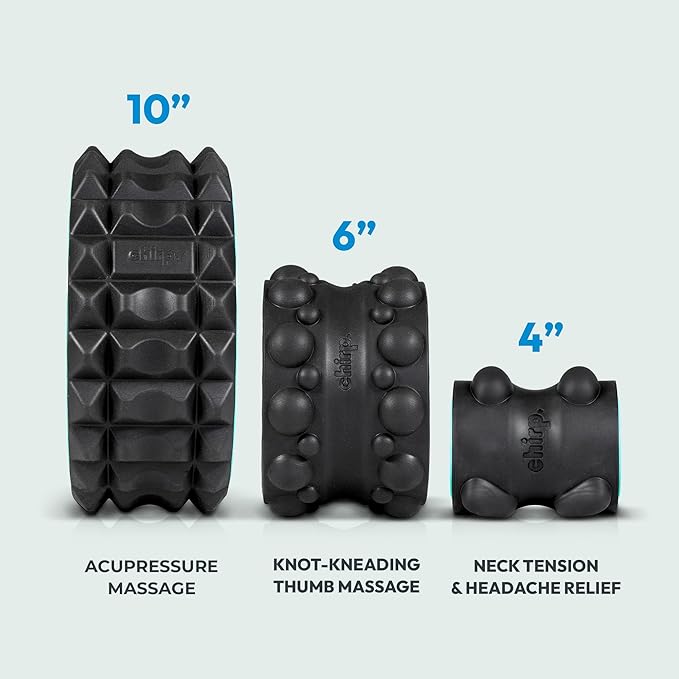 Chirp Wheel XR 3P Massage Roller Set - 10” Acupressure, 6” Knot-Kneading Thumb, 4” Neck & Headache Tension Relief, High Density Foam Massage Rollers for Back & Neck Pain, 500lbs Capacity, Black