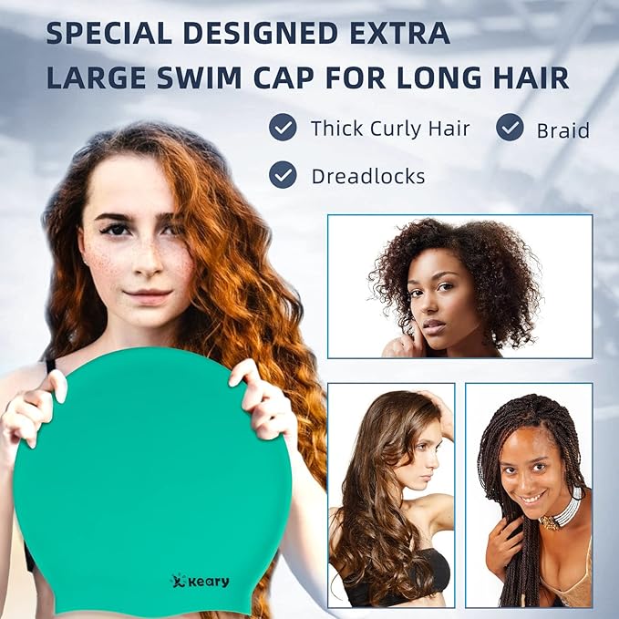 Keary Extra Large Swim Cap for Braids and Dreadlocks Extensions Weaves Long Hair, Waterproof Silicone Cover Ear Bath Pool Shower Swimming Cap for Adult Youth to Keep Hair Dry, Easy to Put On and Off