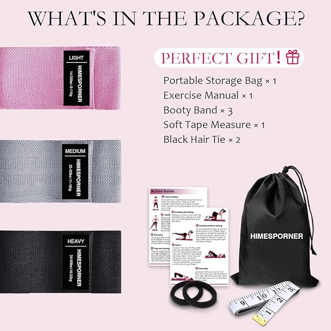 Wide Fabric Resistance Bands for Working Out, 3 Level Non-Slip Exercise Booty Bands for Women & Men Leg and Glutes with Hair Ties and Tape Measure - for Home Gym Workout, Yoga, Pilates