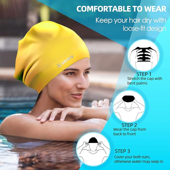 Keary Extra Large Swim Cap for Braids and Dreadlocks Extensions Weaves Long Hair, Waterproof Silicone Cover Ear Bath Pool Shower Swimming Cap for Adult Youth to Keep Hair Dry, Easy to Put On and Off