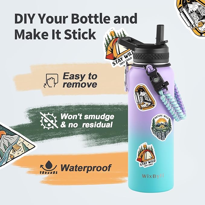 40 oz Insulated Water Bottle with Straw (Cold for 48 Hrs), Stainless Steel Triple Wall Vacuum Sports Water Jug, Leakproof Hydro Cup Flask with Paracord Handle & Straw Spout Lids & DIY Stickers