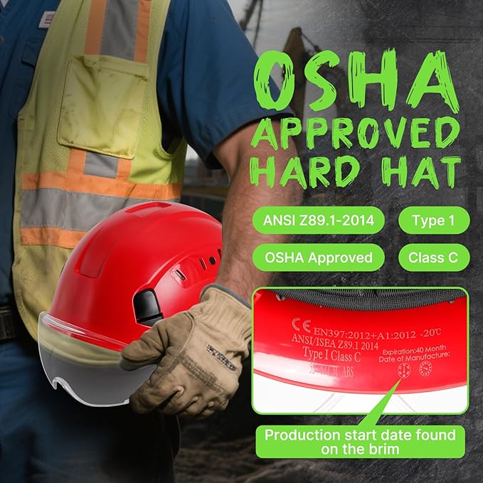 AOLAMEGS Hard Hats Construction OSHA Approved - ANSI Z89.1 Red Safety Hardhats, High Impact ABS Hardhat, Adjustable Vented Construction Worker Hat with Clear Visor, Cascos de Construccion