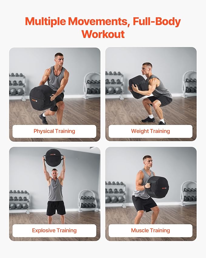 VEVOR Workout Sandbag, Heavy Duty Workout Power Bags with Handles, 100 lbs/45 kg Slam Bag for Fitness Strength Weight Training Cross-Training, Home Gym Exercise, Black (Unfilled)