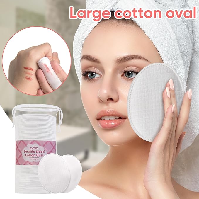 Large Oval Cotton Pads, 70 Count, 3-Layer, Dual Textured Design, Lint-Free, Ultra-Soft Cotton Oval for All Skin Types Cotton Pads for Makeup Removal, Cleansing, Skin Care etc.