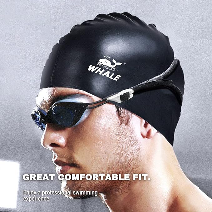 WHALE Extra Large Swim Cap for Women Men, Durable Silicone Swimming Hat with Ear Protection, Unisex Adults Bath Swimming Caps for Long Thick Curly Hair & Dreadlocks Braids Weaves Afro Hair