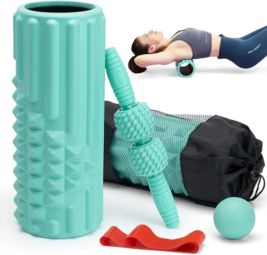5 in 1 Foam Roller Set, High Density Fitness Exercise Foam Roller for Deep Tissue Muscle Massage, Massage Roller, Massage Ball, Resistance Band, for Whole Body(Tiffany Green)