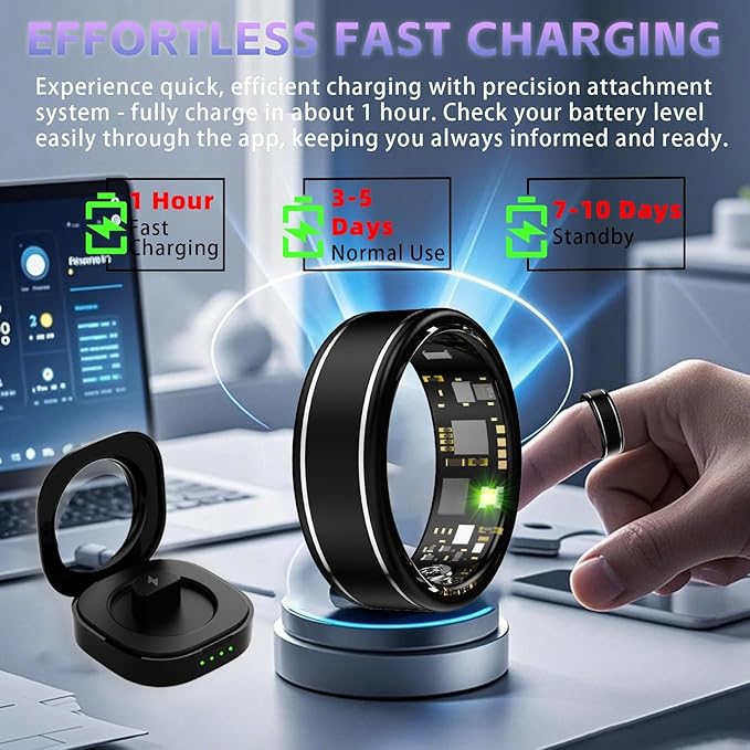 Smart Ring for Men Women – Fitness Tracker Ring with Heart Rate, SpO2, Blood Pressure, Sleep Monitoring, Step & Calorie Counter, No Subscription Fee, iOS & Android Compatible (Black, 9)