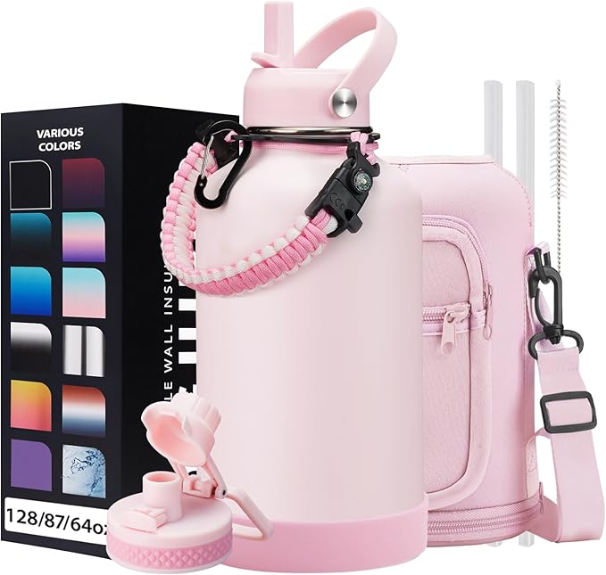 Half Gallon Water-Bottle with Straw - Pop-up Chug Lid (Cold 48H & Hot 24H) 64oz Insulated Water Bottle Flask with Sleeve Strap, Paracord Handle, Bottle Boot, Pink Stainless Steel Metal Water Jug