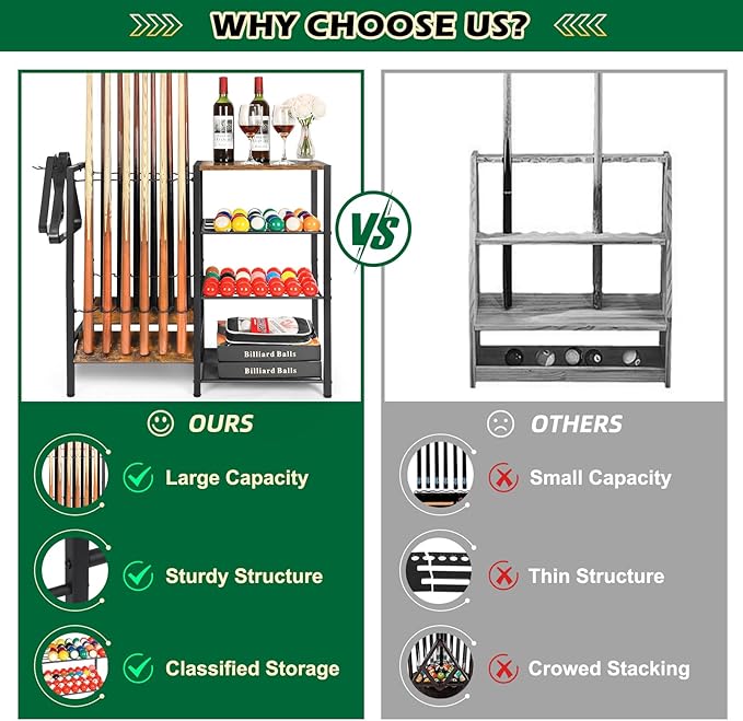 Pool Stick Holder Floor Stand up to 12 Cue Sticks, Pool Cue Holder with Balls Storage, Pool Table Accessories Stand Large Pool Cue Rack Equipment Organizer Cue Stick Holder for Billiard Game Room