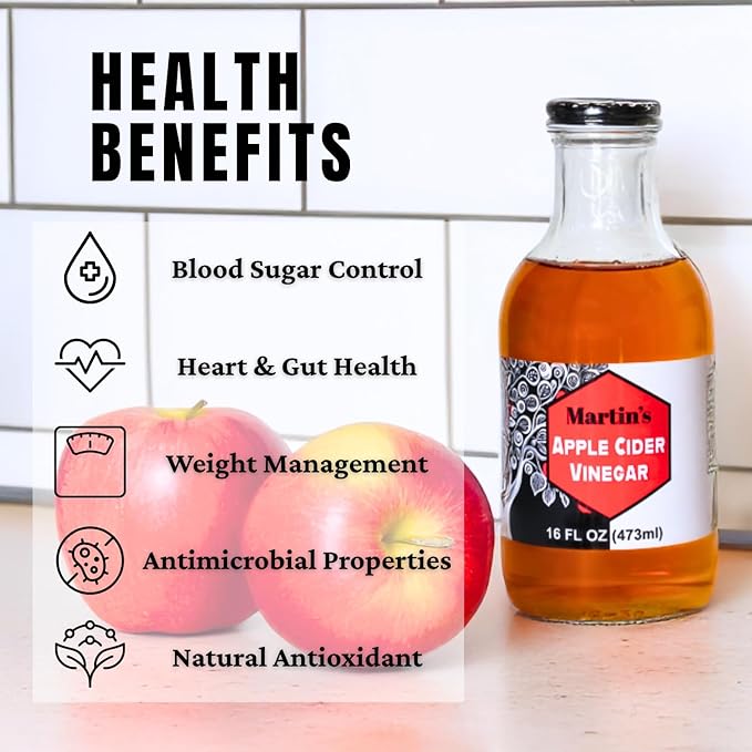 Slide Ridge Martin's Honey Apple Cider Vinegar | Crispy & Sweet | Wellness, Kitchen, & Household Staple | 16 oz (Pack of 4)