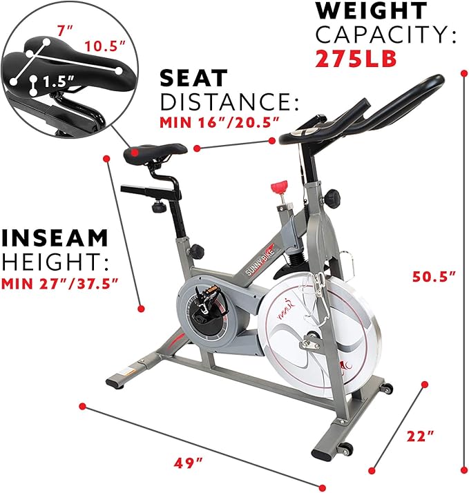 Sunny Health & Fitness Indoor Cycling Exercise Bike w/Pulse Sensors & 4-Way Adjustable Seat, Stationary Home Cardio Training Machine w/Micro-Adjustable Magnetic Resistance for Intensive Cardio Session