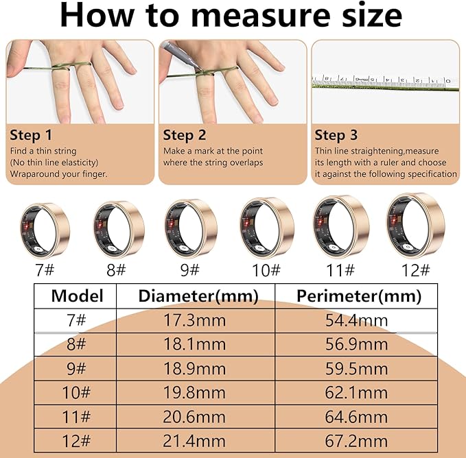 Thin Smart Ring for Fitness & Health Tracking -Heart Rate/Blood Oxygen Monitor, 5ATM Waterproof, Sleep Analysis, Pedometer -No APP Subscription Compatible with Smartphone (Rose Gold, 9)