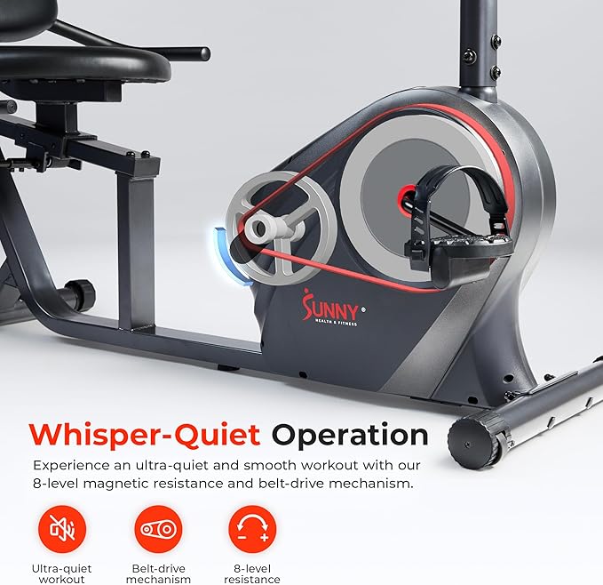 Sunny Health & Fitness Smart Heavy-Duty Recumbent Bike w/Wide Cushioned Seat & Back, Indoor Cycling Machine for Adult/Seniors Home Exercise, Free SunnyFit App Connect, Optional Workout Training Bands
