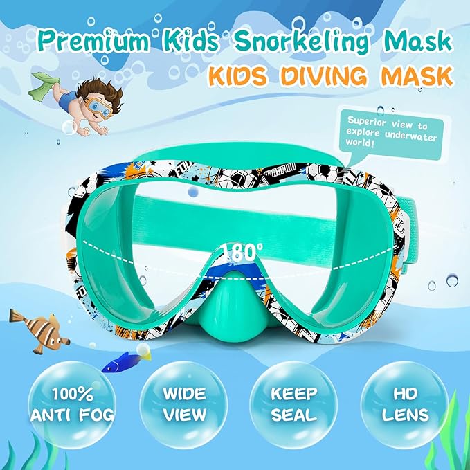 Kids Swim Goggles with Nose Cover, 180° Panoramic Snorkel Mask with Anti-Fog & Anti-Leak Design, Comfort Fabric Strap UV Protection Lens for Boys Girls Ages 3-15