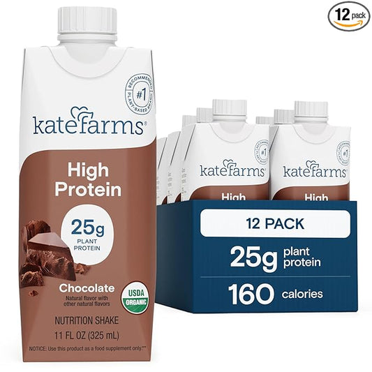 KATE FARMS Organic High Protein Chocolate Nutrition Shake, 25g Protein, 6g Fiber, 27 Vitamins and Minerals, 0g Sugar, Protein Drink, 11 oz (12 Pack)