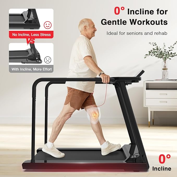 Redliro Treadmill for Seniors with Long Handrails - Recovery Machine for Walking 300 lbs Weight Capacity - Walking Treadmill Elderly with Desk & Cup Holder (Glossy Black)