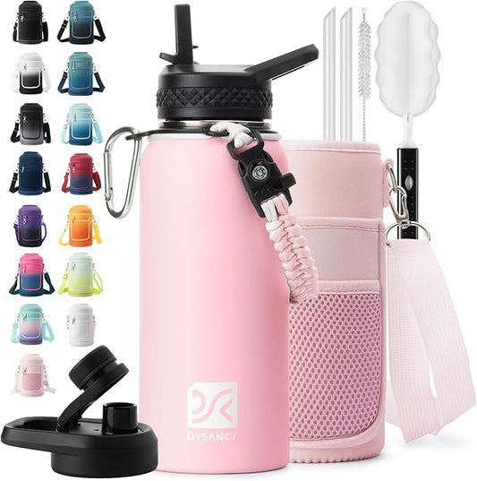 Insulated Water Bottle | Thickened Stainless Steel Vacuum Metal | Portable Sports Water Jug for Gym and Hiking with Straw, Carrier Bag, Handle Strap | BPA-Free 32 oz, Pink
