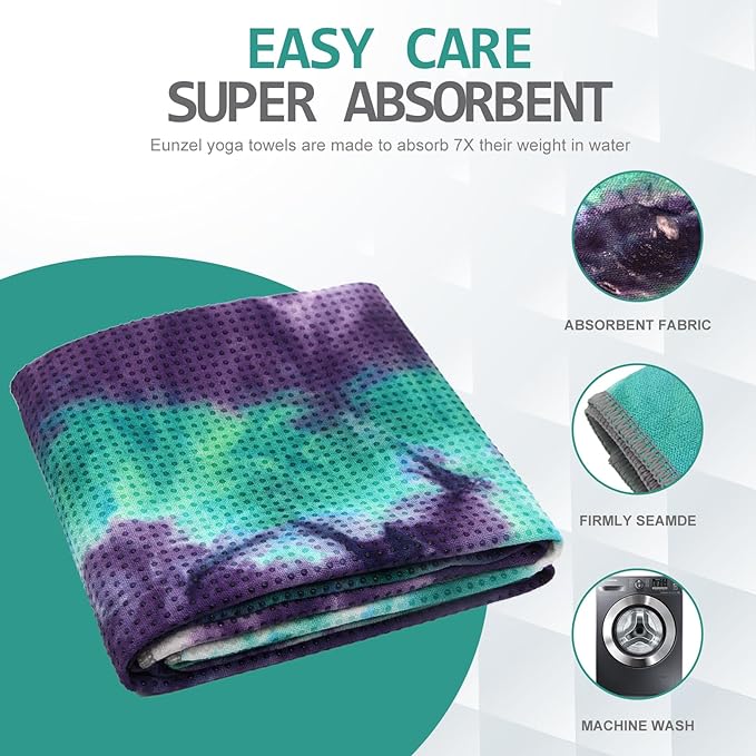 Eunzel Yoga Towel,Hot Yoga Mat Towel with Grip Dots Sweat Absorbent Non-Slip for Hot Yoga, Pilates and Workout 24" x72", Green & Purple