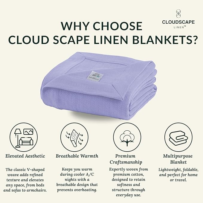 Cloud Scape Linen 100% Cotton Queen Size Blanket, Herringbone Pattern, Lightweight Summer Blanket,Best Gifts for Women, fits Full Size Bed, 92 x 92, Lavender Blue