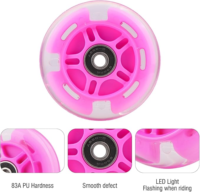 8pcs Inline Skate Wheels Led Light-Up Wheels 64/70/72/76/80mm w/Bushings 85-88A for Kids and Youth Beginners Children's Inline Skates Indoor/Outdoor Use (Pink, 80mm)