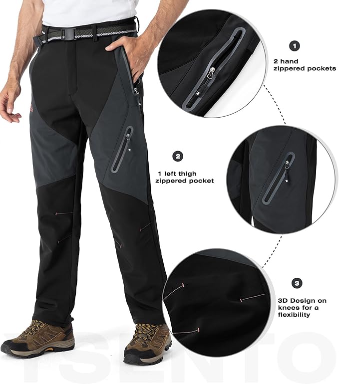 YSENTO Men's Fleece Lined Ski Snow Pants Winter Waterproof Softshell Insulated Hiking Cargo Pants
