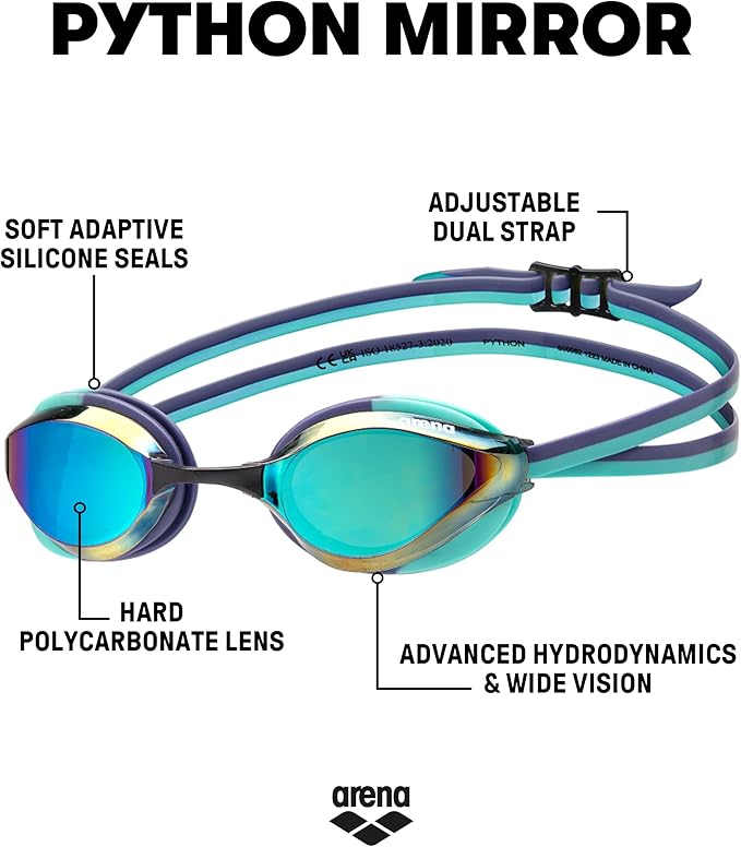 ARENA Unisex Python Racing Swim Goggles for Men and Women Anti-Fog No Leak Max Comfort Dual Strap, Mirror/Non-Mirror Lens