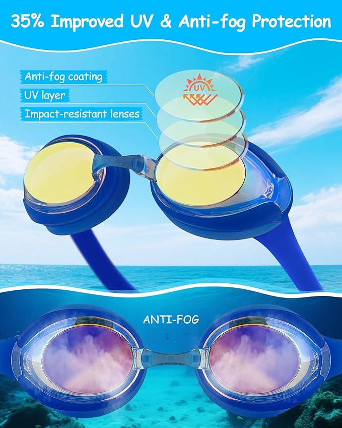 Kids Swim Goggles, Anti-fog and UV Protection with Swim Cap for Age 3-15 Youth Boys Girls Toddler