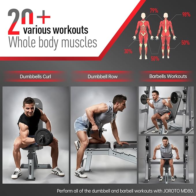 JOROTO MD80 Adjustable Weight Bench, 1000LB Capacity Heavy Duty Strength Training Bench for Home Gym, Flat/Incline/Decline Utility Workout Bench Press with Wheels & Extended Backrest