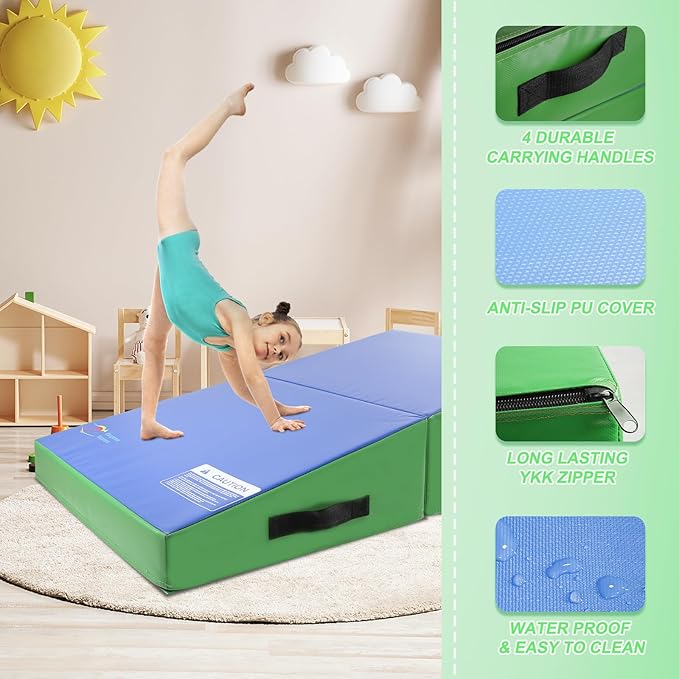 Kangaroo Hoppers Incline Gymnastics Mat, 48”x24”x14” / 56"x28"x15" / 34”x24”x13” Folding Wedge for Kids Tumbling, Skill Training, Multiple Colors Cheese Mat for Gymnastics, Home Gym Exercise