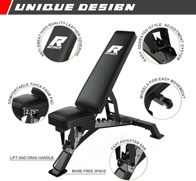 RitFit Multi-Functional Folding Squat Rack for Home Gym, 2.36'' x 2.36'' Wall Mounted Squat Rack with Attachments - Space Saving Squat Power Rack