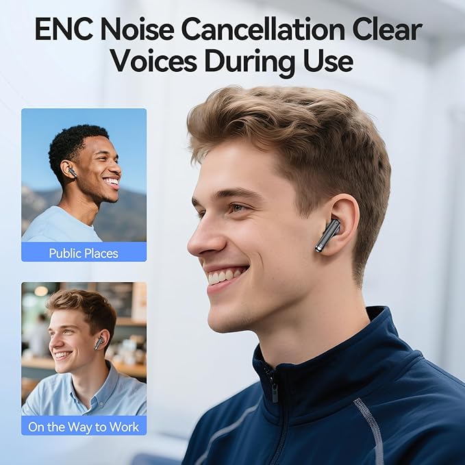 Wireless Earbuds, 2025 Bluetooth 5.3 Headphones HiFi Stereo 50H Playback Ear Buds with Led Digital Display, ENC Noise Cancelling Earbuds for Laptop Computer, iOS, Android, Black