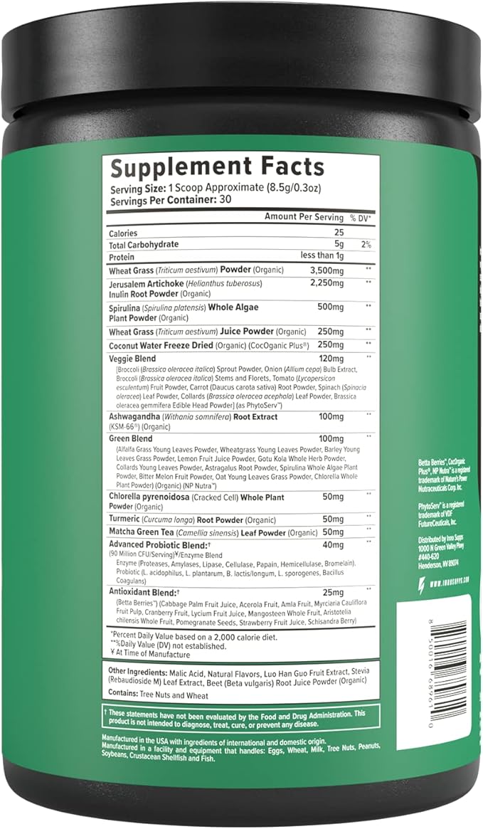 Inno Greens | 28+ Organic Greens & Superfoods | Advanced Prebiotics + Probiotics | Super Antioxidant + Hydration | Spirulina, Chlorella, Ashwagandha | Natural, Non-GMO | 30 Servings (Paradise Punch)