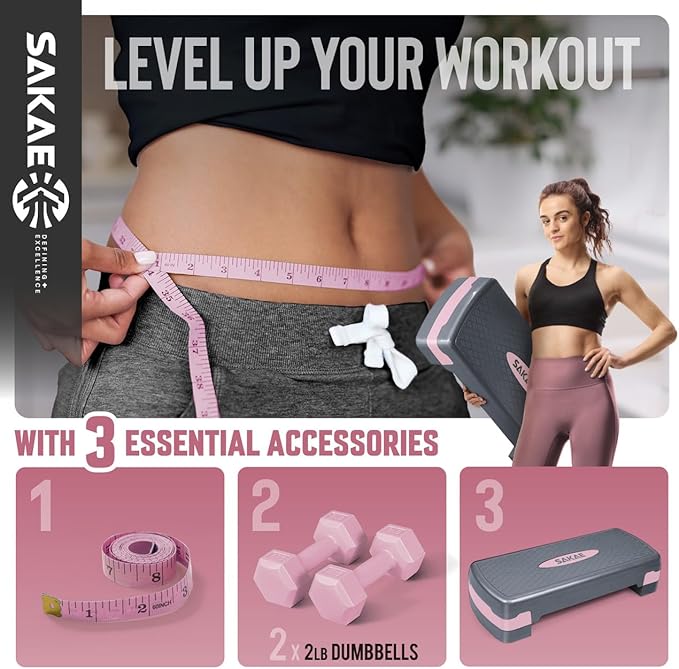 Aerobic Stepper Set with Dumbbells & Measuring Tape, Adjustable Height 2 Level Risers Workout Exercise Step Platform, 4 Colors, the Ultimate Gift for a Joyful Holiday and Merry Christmas