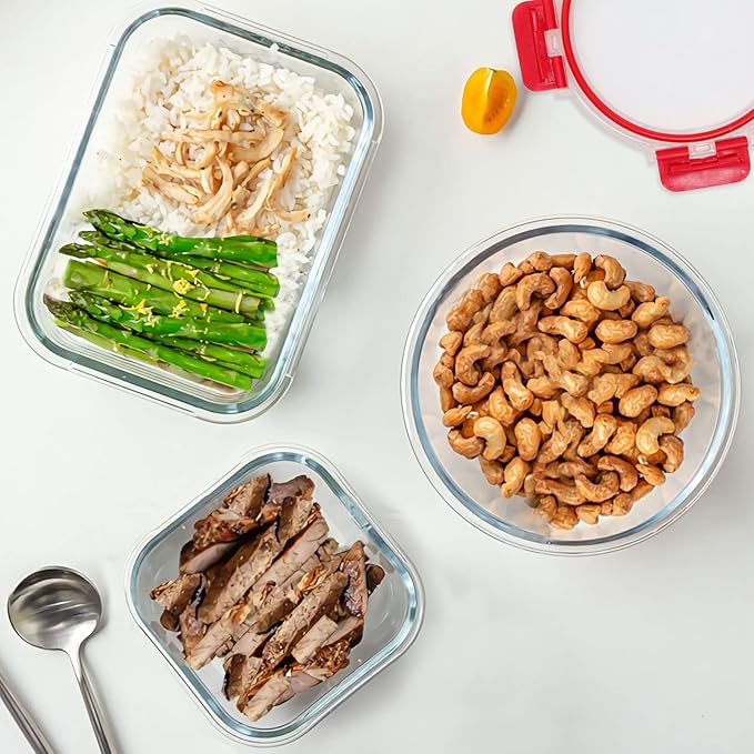 30 Pieces Glass Food Storage Containers Set, Glass Meal Prep Containers Set with Snap Locking Lids, Airtight Glass Lunch Containers, Microwave, Oven, Freezer & Dishwasher, Red