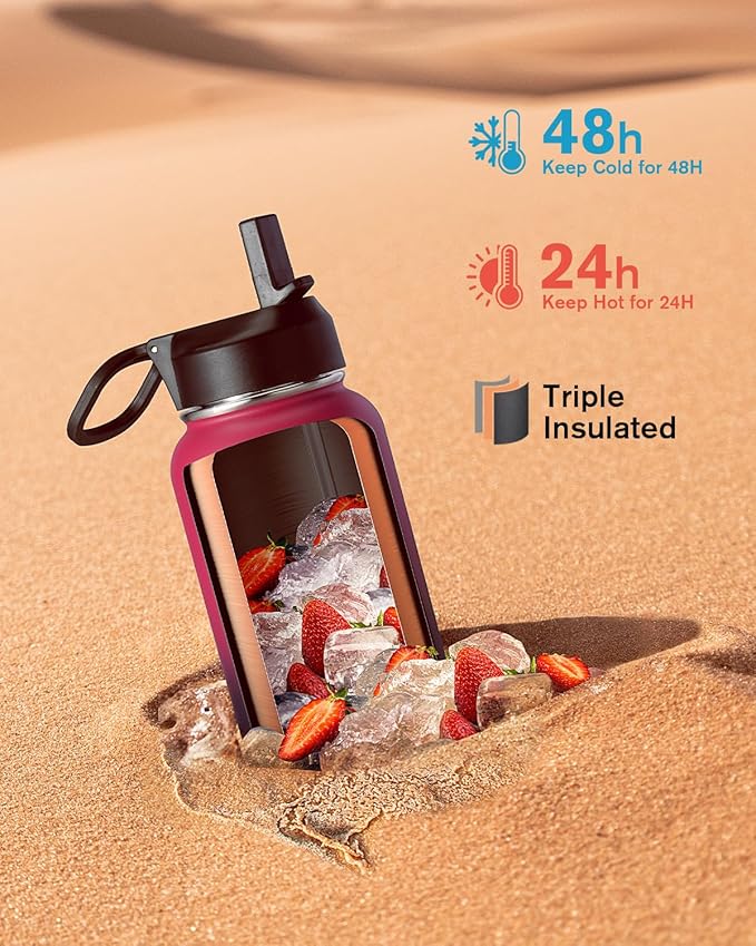 Water Bottle 40 oz Insulated with Straw&Brush, Coolflask Vaccum Stainless Steel Metal 3 Lids Water Flask for Sports, Gym or Office, Keep Cold 48H Hot 24H, Ombre Wine/Navy