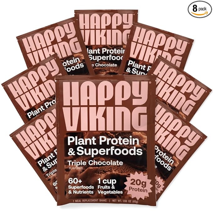 Happy Viking Triple Chocolate Plant Protein Powder, Created by Venus Williams, 20G Protein, Low Carb, Keto, Vegan, Gluten-Free, Non-GMO, Superfoods, Complete Meal Replacement, 8 Single Serve Packs