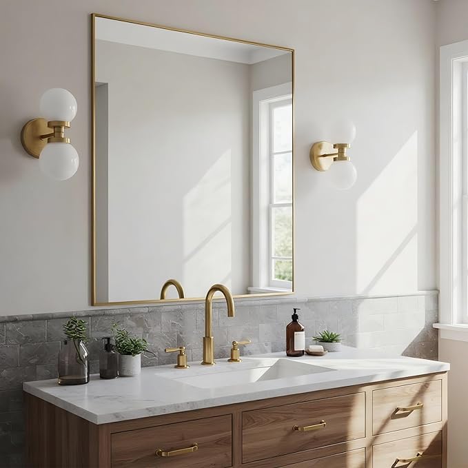 30x30 Inch Brass Bathroom Mirror for Wall, Aluminum Frame Rectangle Rectangular Vanity Mirror, Modern Large for Bedroom, Living Room, Horizontal or Vertical