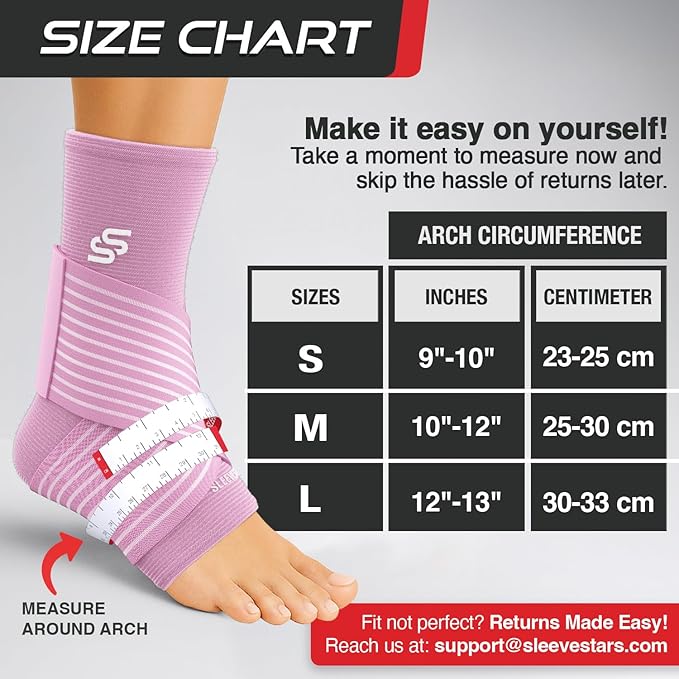Sleeve Stars Ankle Brace for Women & Men, Ankle Wrap for Sprained Ankle, Compression Sleeve for Plantar Fasciitis Relief, Easy Customizable Support: w/Removable Strap (Single/S:9"-10"/Baby Pink)