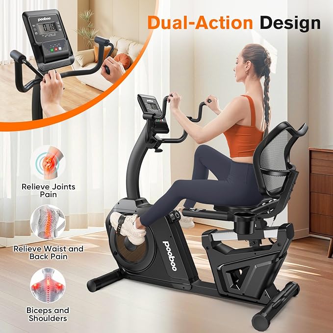 pooboo Recumbent Exercise Bike, Stationary Bikes for Home with Arm Exerciser, Magnetic Recumbent Bike with Ergonomic Backrest & Comfortable Seat, Smart APP, Pulse Sensor, 400LBS Weight Capacity