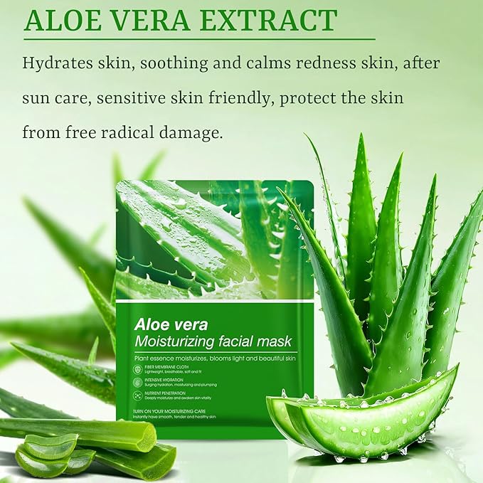 Aloe Vera Face Masks Skincare Soothing Face Mask Hydrating Face Masks Moisturizing Face Mask for Dry, Oil，Sensitive Skin, Aloe Face Sheet Masks for After Sun Care, Calming, Refreshing,10 Pack