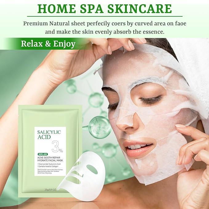 Anti Acne Face Mask Salicylic Acid Face Masks Skincare, Hydrating Face Masks, Soothing Facial Sheet Mask Skin Care for Acne Prone, Acne Mask for Pimple Breakouts Oil Control, 10 Pack