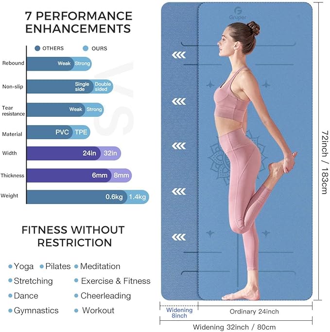 Yoga Mat Non Slip TPE Extra Wide Yoga Mat with Alignment Mark, 72"L x 32"W x 0.32"/0.24"Th (183cm x 81cm x 8mm/6mm), Anti-Tear Exercise Mat with Carrying Strap and Bag, Workout Mats for Yoga, Pilates