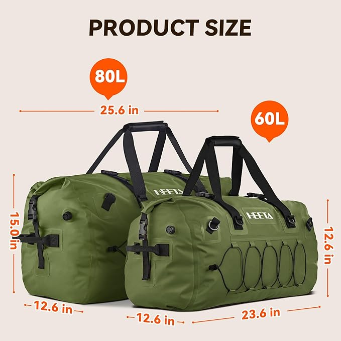 HEETA Waterproof Duffel Bag Motorcycle Dry Bag Backpack, 60L/80L Extra Large Rolltop Travel Duffle Bags with Straps & Handles for Kayaking Rafting Boating Canoeing Camping Gym Beach Cruise Ship