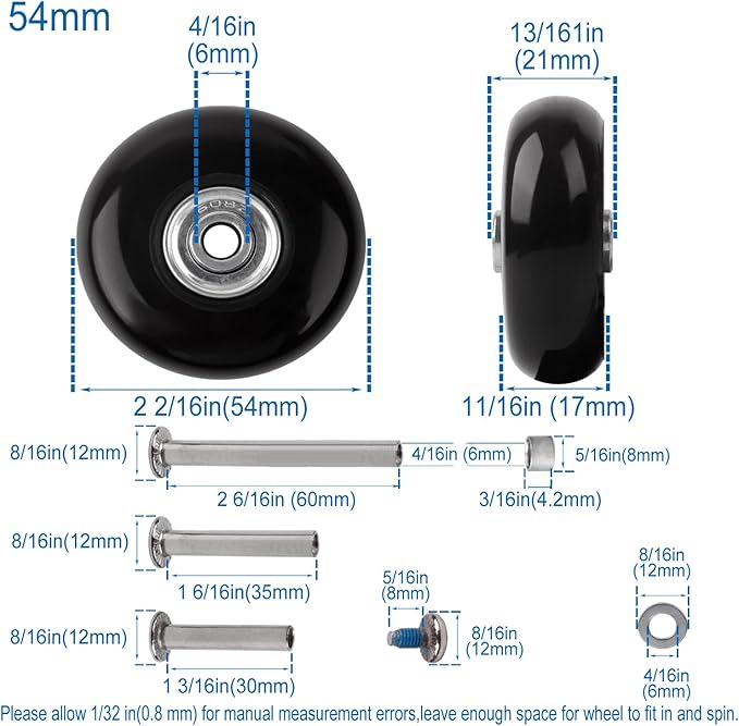 Luggage Suitcase Replacement Wheels Set of 4 PU Bearing Wheels-Install Width 0.8in/21mm with 3 Size Axles and Hacksaw for Trolley Bag Drawbar Box Smooth Rolling Repair(54mm x 18mm)