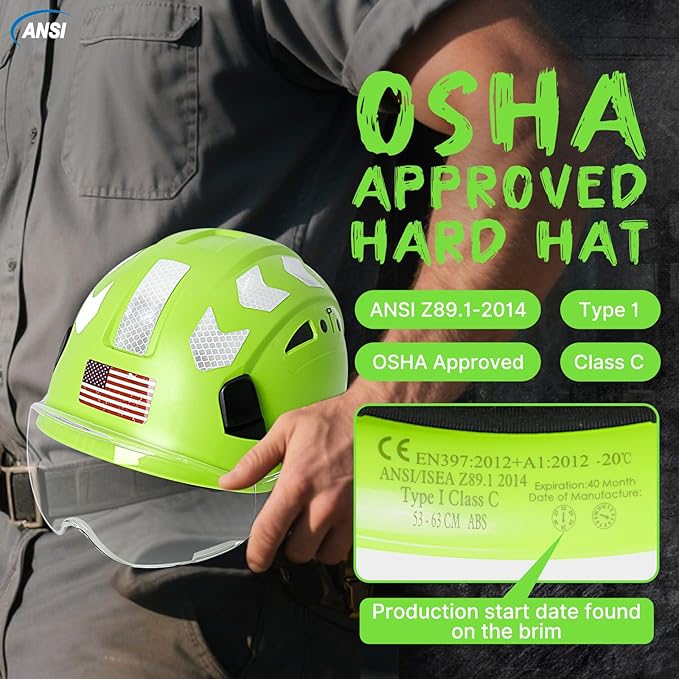 AOLAMEGS Construction Safety Hard Hat - ANSI Z89.1 Type Ι OSHA Approved Safety Helmets with Chin Straps Lightweight Reflective Vented ABS Hard Hats For Men Women Industrial Workwear 6-point Suspension