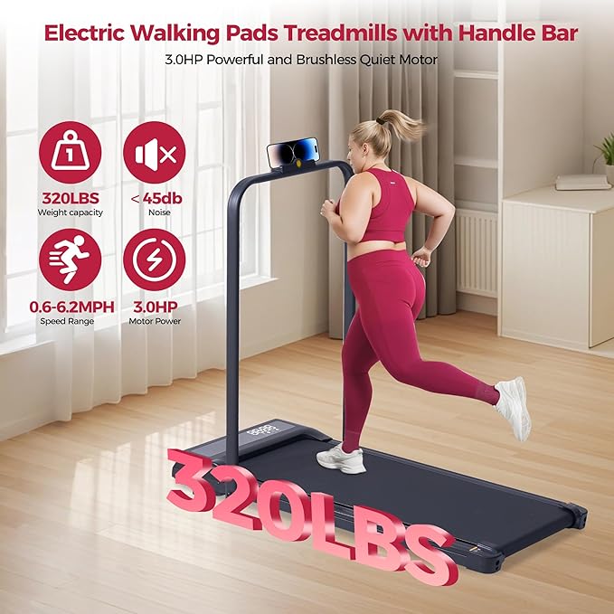 Compact Walking Pad with Handle Bar, 3.0HP Portable Walking Pads Treadmills with Handles for Home Small, 0.6-6.2MPH Compact Home Small Treadmills for Small Spaces, 320LBS