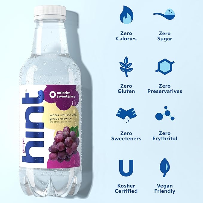 Hint Fruit-Infused Bottled Water, Grape - Sugar Free Flavored Water with Zero Calories, Naturally Flavored, and No Artificial Sweeteners - 16 Fl Oz (Pack of 12)